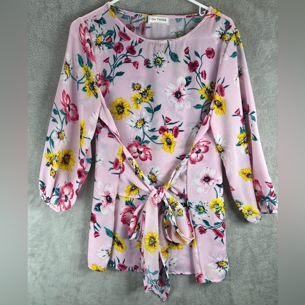 CES FEMME Pink Floral Tunic Top Medium 3/4 Balloon Sleeve Tie Waist